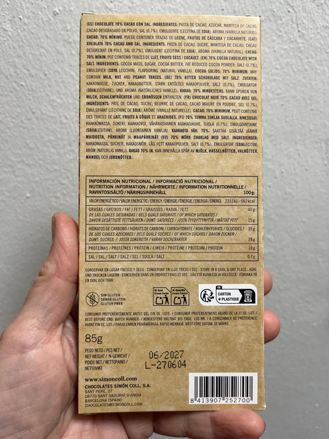 Simon Coll Chokolade med havsalt 70% Cacao 85 g.
