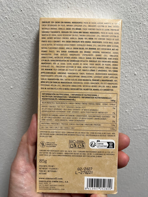 Simon Coll Chokolade med appelsin 70% Cacao 85 g.